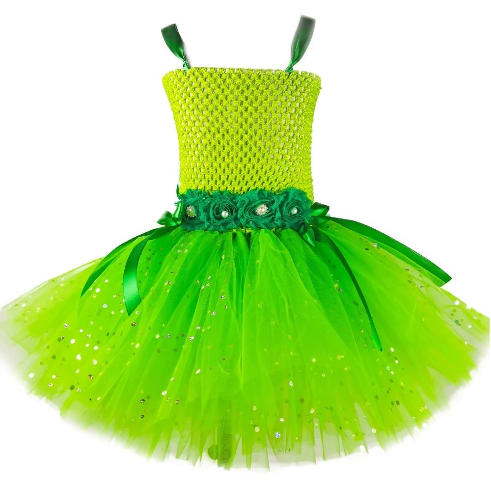 Girls Green Glitter Fairy Dress Kids Butterfly Flower Tutu Dresses with Wing and Stick Hairbow Children Christmas Party Costumes