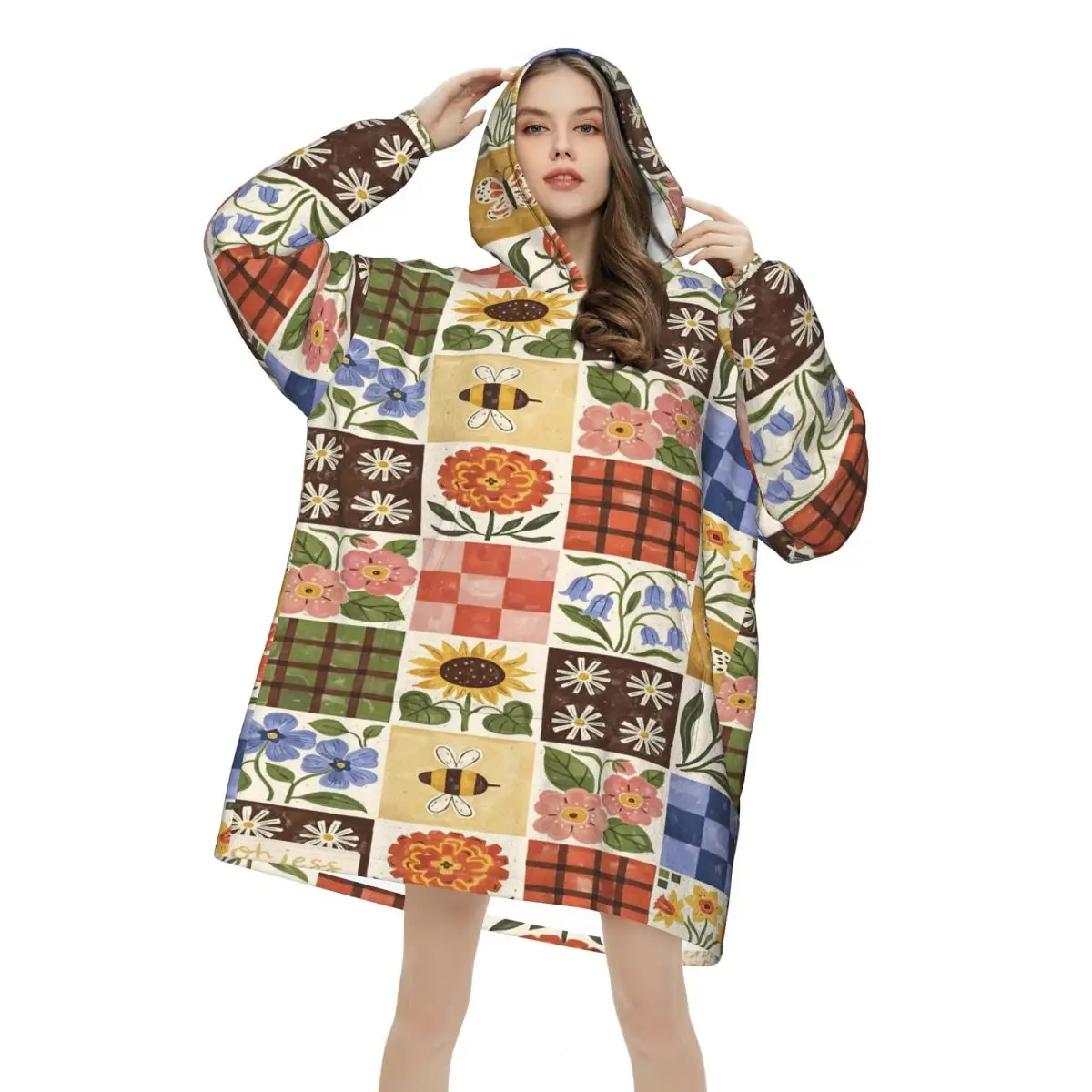 Oversized Floral Patchwork Wearable Blanket Gifts for Women Men Ultrasoft Plush Warm Sweatshirt Blankets With Pocket