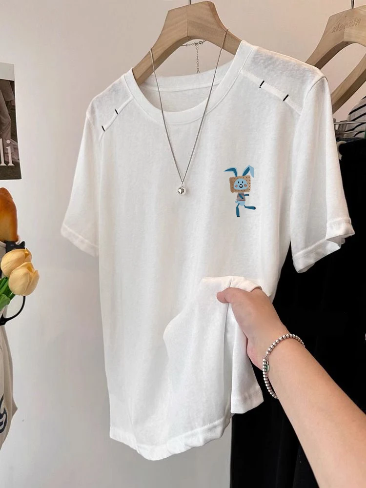 Koreaanse Sle Casual Witte Print Splice ronde Ne ort Sve T-shirt Mannen Vrouwen Zomer Lichtgewicht Veelzijdige Loose Fit Top