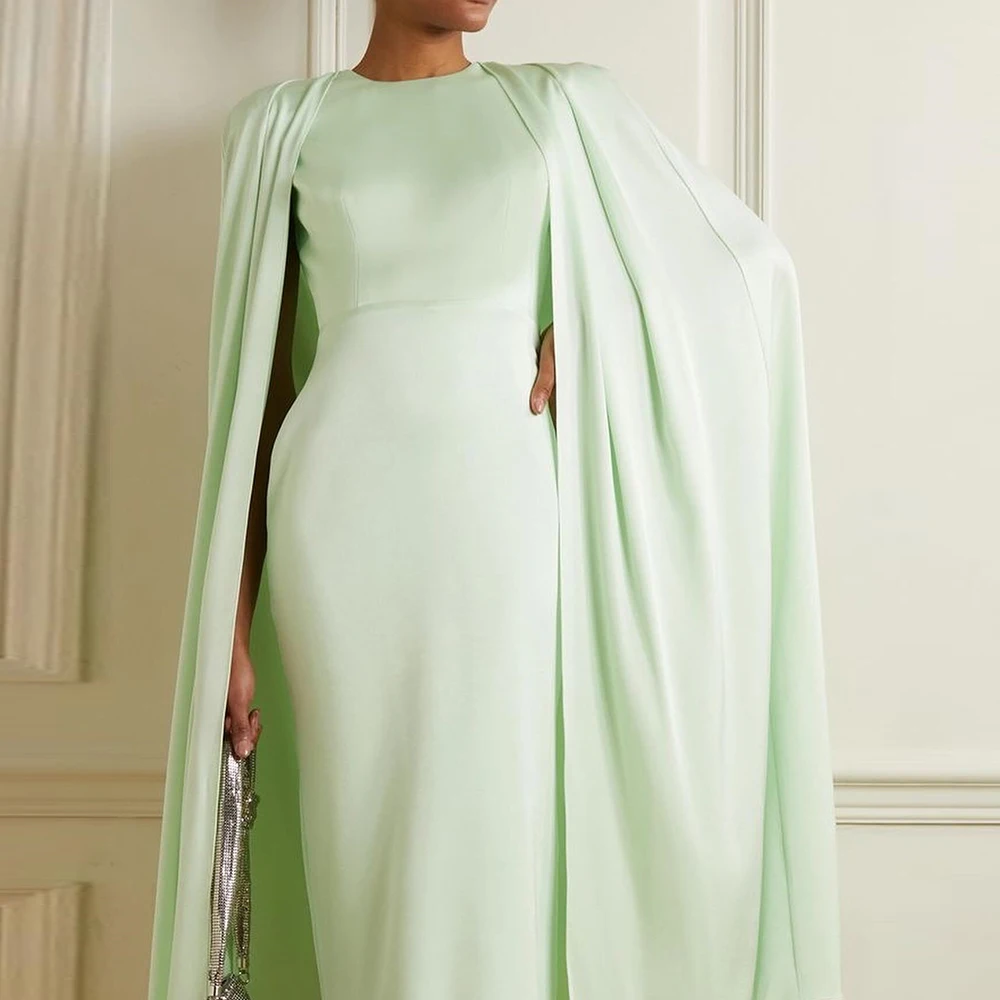 Customized Elegant Jersey Green Off the Shoulder Evening Dress Fashion Crew neck Straight Long Sleeves Tea Length Celebrity Gown