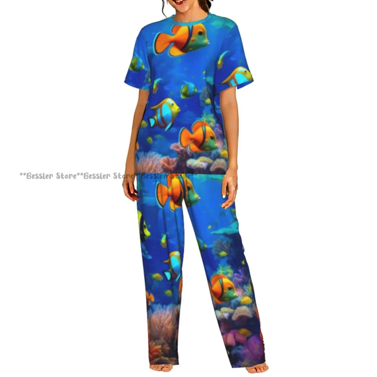 

Women's Underwater Tropical Fish Corals short sleeve trousers casual pajamas set