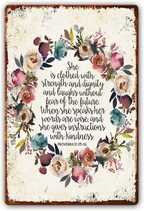Letreros Metálicos Impresos con Versículo Bíblico: Ella Está Vestida de Fuerza y Dignidad, Proverbios 31:25, Decoración de Pared con Versículos Bíblicos para Cuarto de Niños