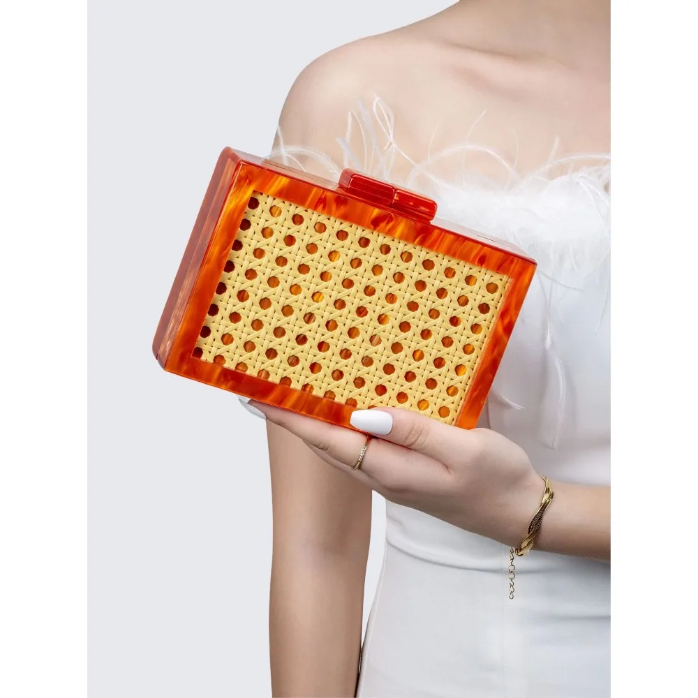 

Stylish rattan woven acrylic small square evening handbag for women suitable for single - shoulder cross - body use at banquets