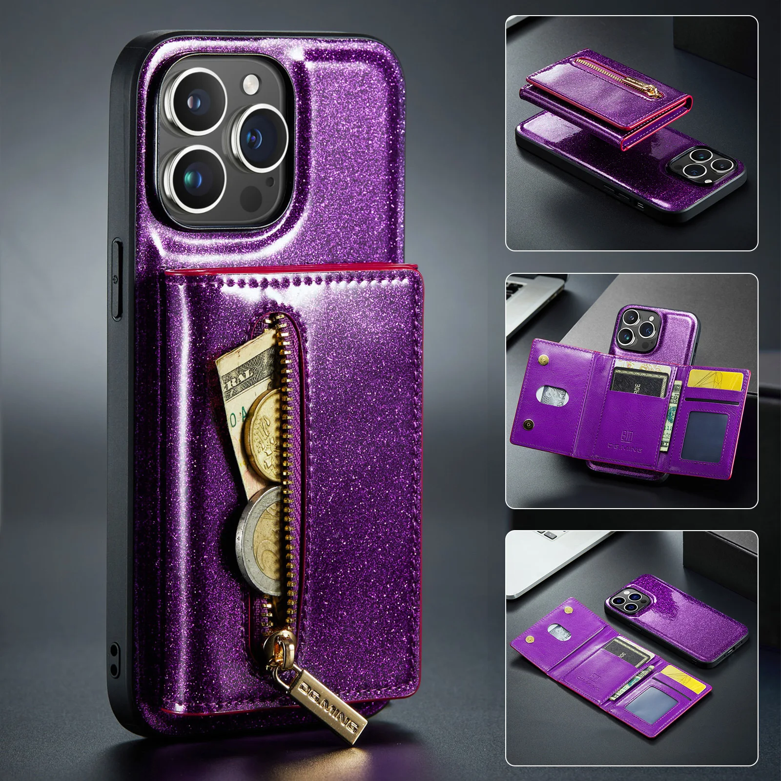 

2 in 1 Magnetic Zipper Wallet Case For Google Pixel 8 Pro 7 7A 6 6A Glitter RFID Blocking Wireless Charging 7 Cards Phone Cover