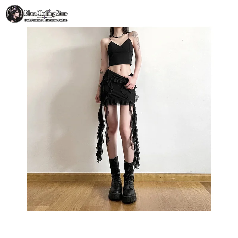 Ruffle Trim High Waist Mini Skirt Sheer Mesh Long Side Panels Womens Black Fitted Asymmetric Hem Casual Gothic Style Short Skirt