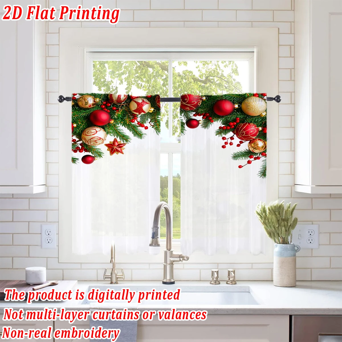 Christmas Flat Printing Kitchen Sheer Curtain with Christmas Ball Berry Pine Branch Ornament For Christmas Home Decor  Party