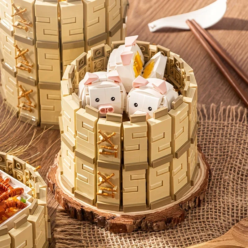 Creative Chinese Style Morning Tea Snack Building Blocks Delicious Food Set Model Diy Mini Bricks Children Toys Holiday Gifts