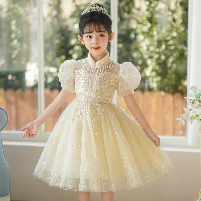 

Youth and Girls New Sequin Butterfly Pearl Standing Neck Sweet and Cute Mesh Puff Dress School Party Princess Dress