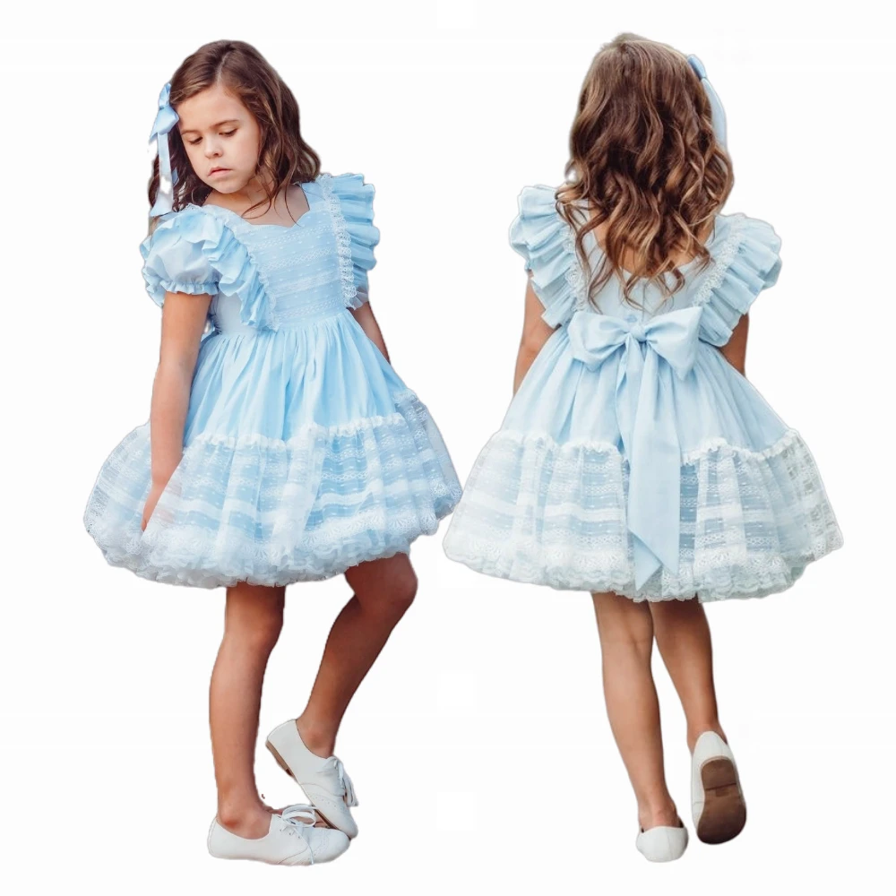 

LOvely Light Blue Flower Girls Dress Bow Lace Printing Elegant Wedding Dresses Pageant Dress Kids Birthday Prom Party Gowns