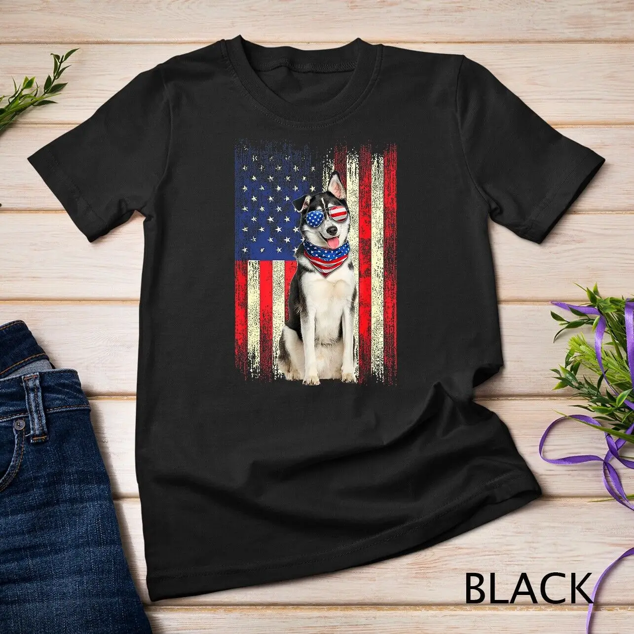 Siberian Husky American Flag 4th Of July Patriotic Dog Lover Unisex T-shirt