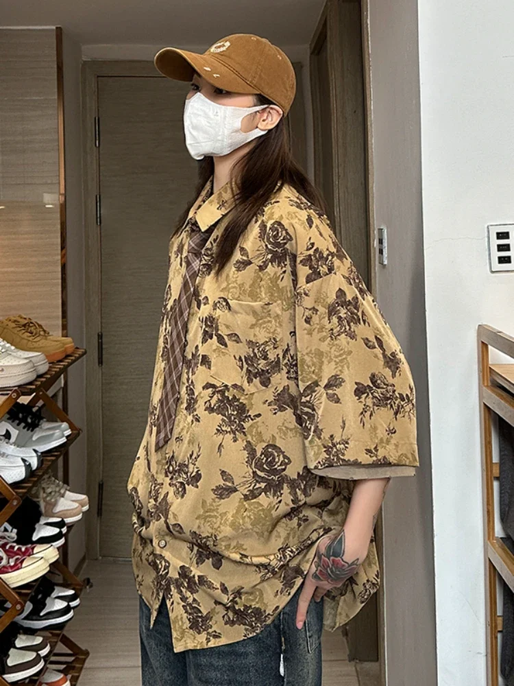 Loose Shirts Women Slouchy Japanese Retro Harajuku Unisex Streetwear Short Sleeve All-match Leisure Tops Fashion Summer Pocket
