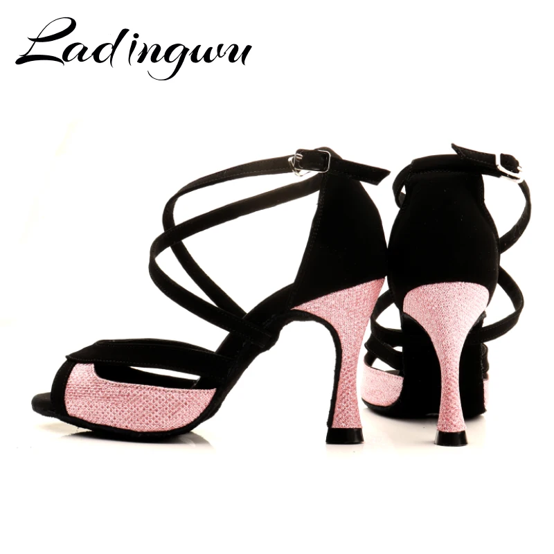 Ladingwu Latin Dance Shoes For Women Black Suede and Pink Glitter Salsa Dance Shoes Women\'s Ballroom Dance Sandals