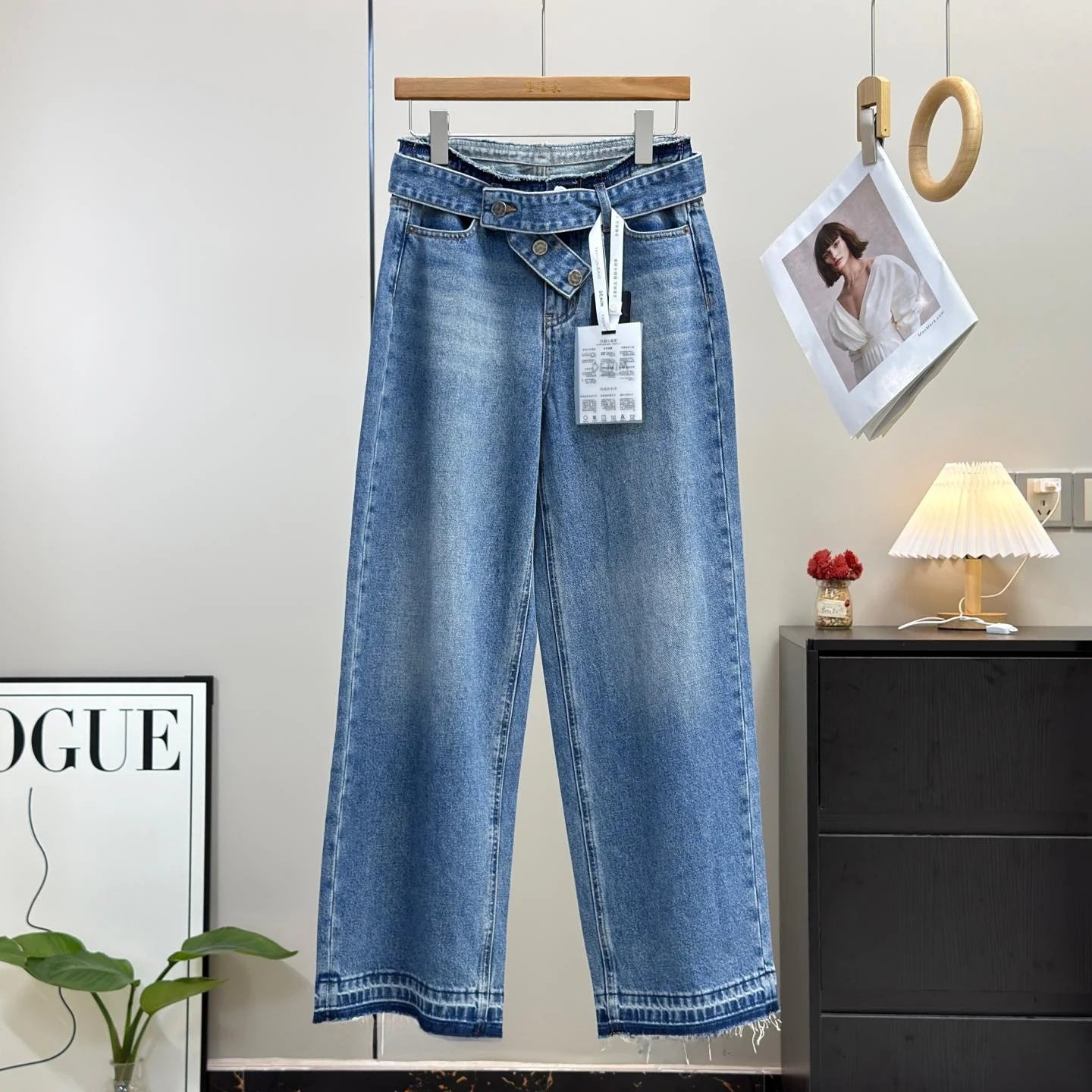 Stylish Retro High Waist Cotton Wide Leg Jeans Torn  Design No Stretch Comfortable Fit Women's Straight Cut Denim Pants
