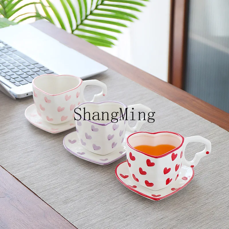 

XH creative pink love coffee cup saucer cute girl water cup small fresh hand-painted underglaze peach heart ceramic cup saucer