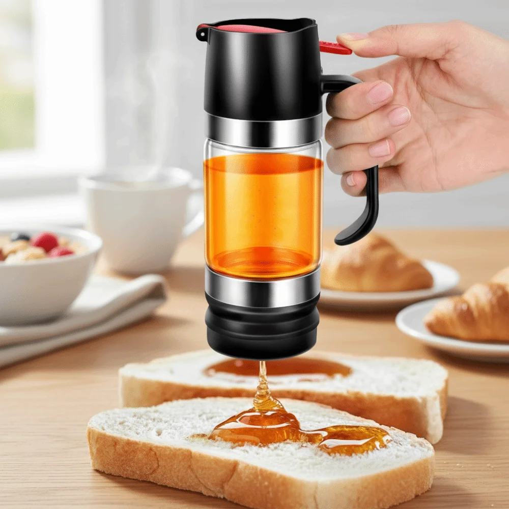 Kitchen Tool 300 ML Glass Honey Dispenser Clear with Handle No Drip Honey Jar Press Type Sealed Syrup Dispenser Coffee