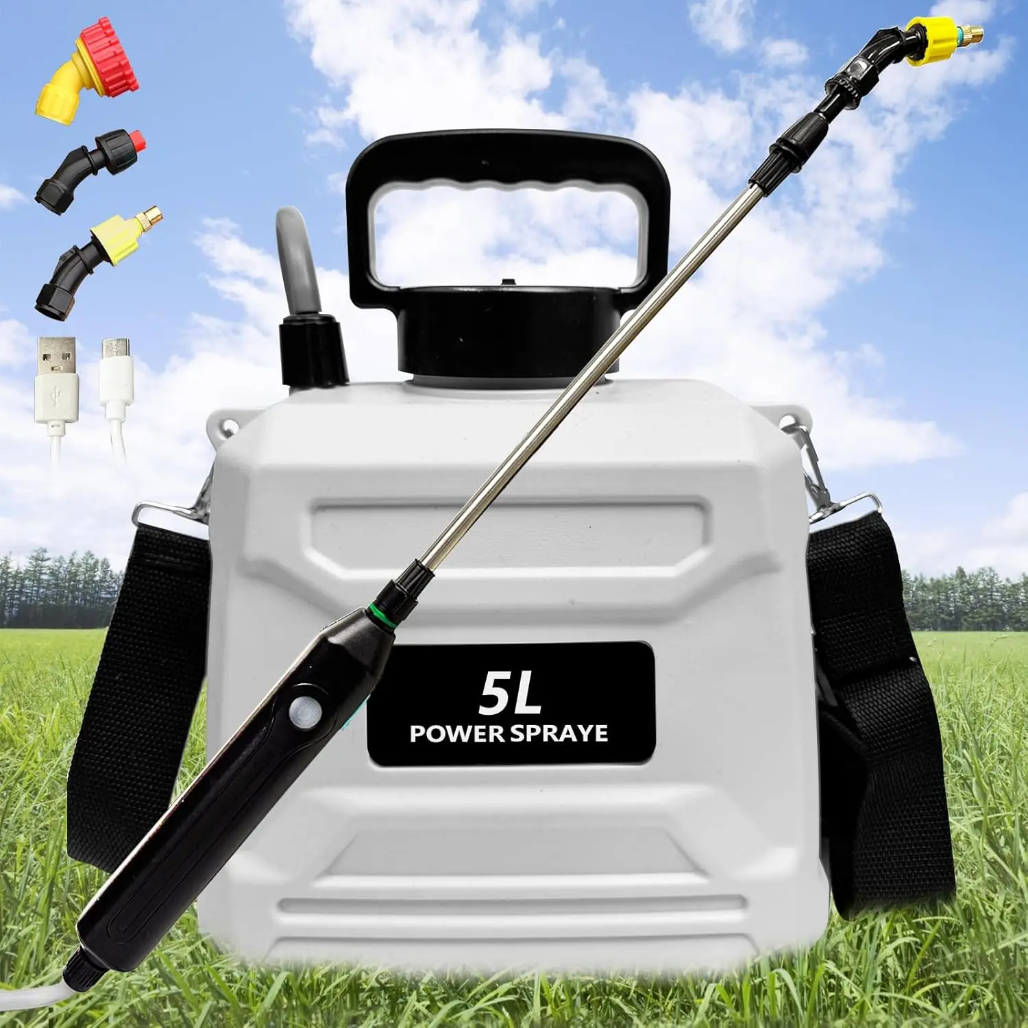 

Battery Powered Garden Sprayer 2 Gallon, Electric Lawn Sprayer with 3 Mist Nozzles, Retractable Wand & Adjustable Shoulder Strap