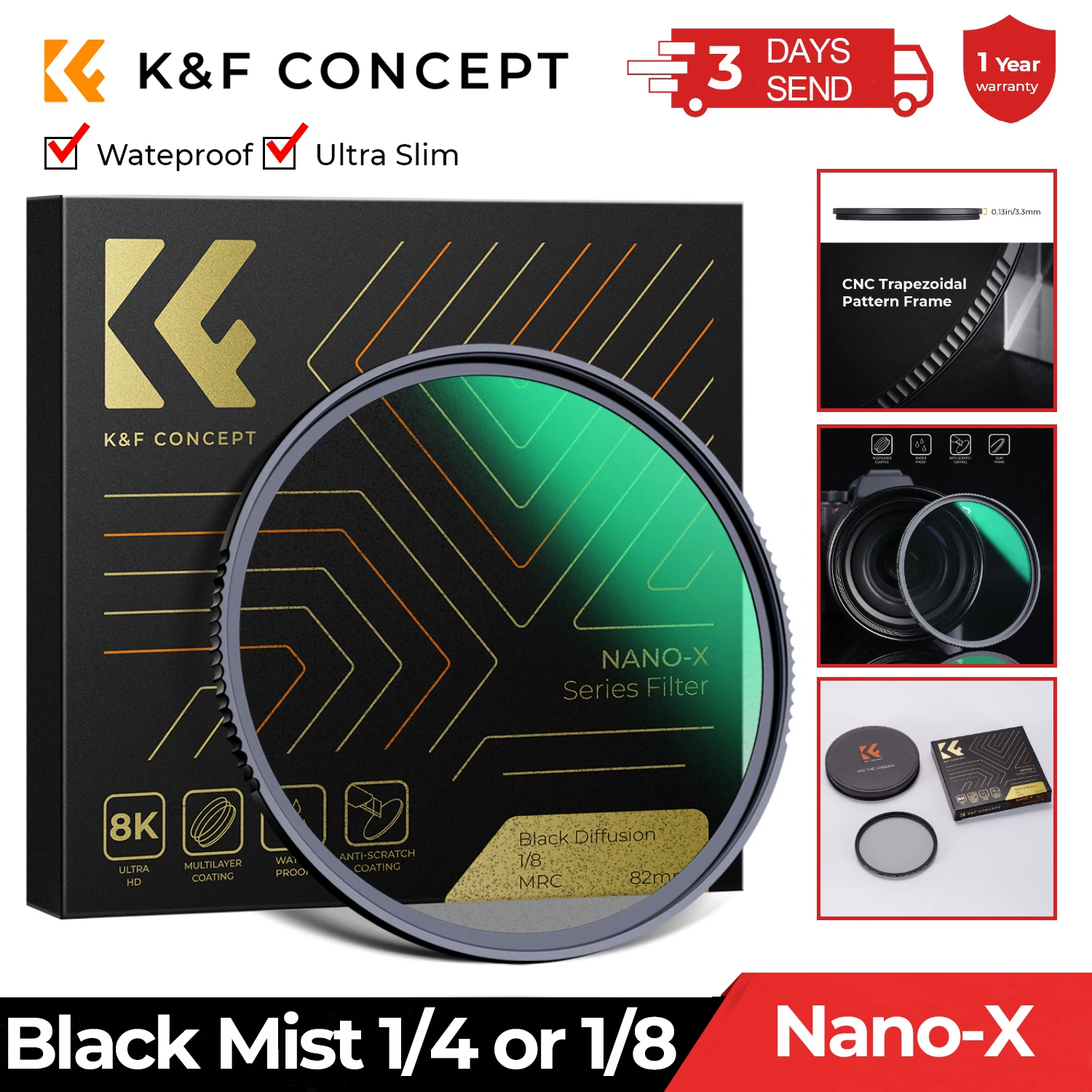 K&F Concept Black Diffusion 1/4 1/8 Camera Lens Mist Filter Kits Multi-layer Coatings for Nano-X Series 49mm 58mm 62mm 67mm 82mm