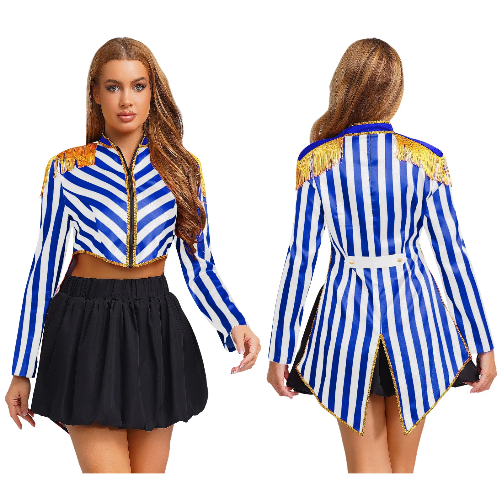 

Women Halloween Circus Ringmaster Cosplay Tailcoat Striped Magician Performance Jacket for Carnival Party Role Play Dress-up
