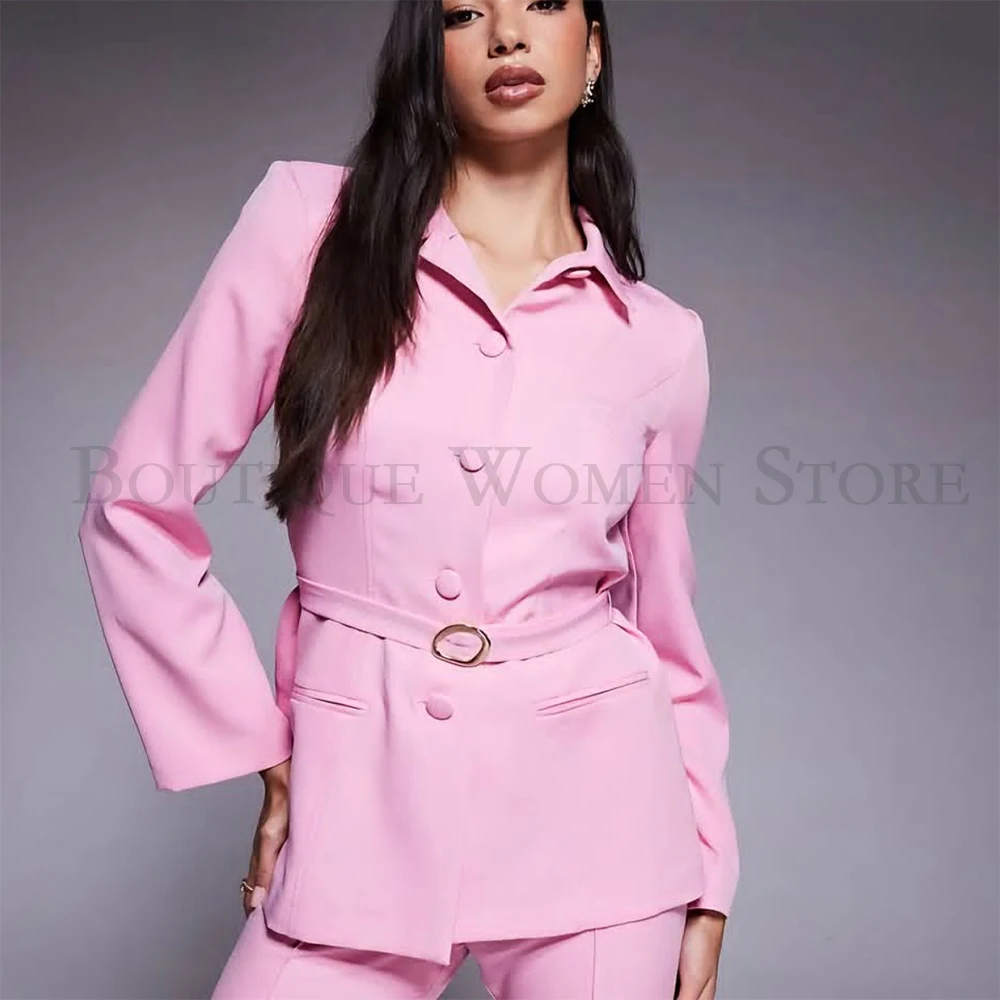 Belted Women's Suits Fashion Single Breasted Stand Lapel Blazer Regular Fit Breathable Fabric 2 Piece Jacket Pants Clothing