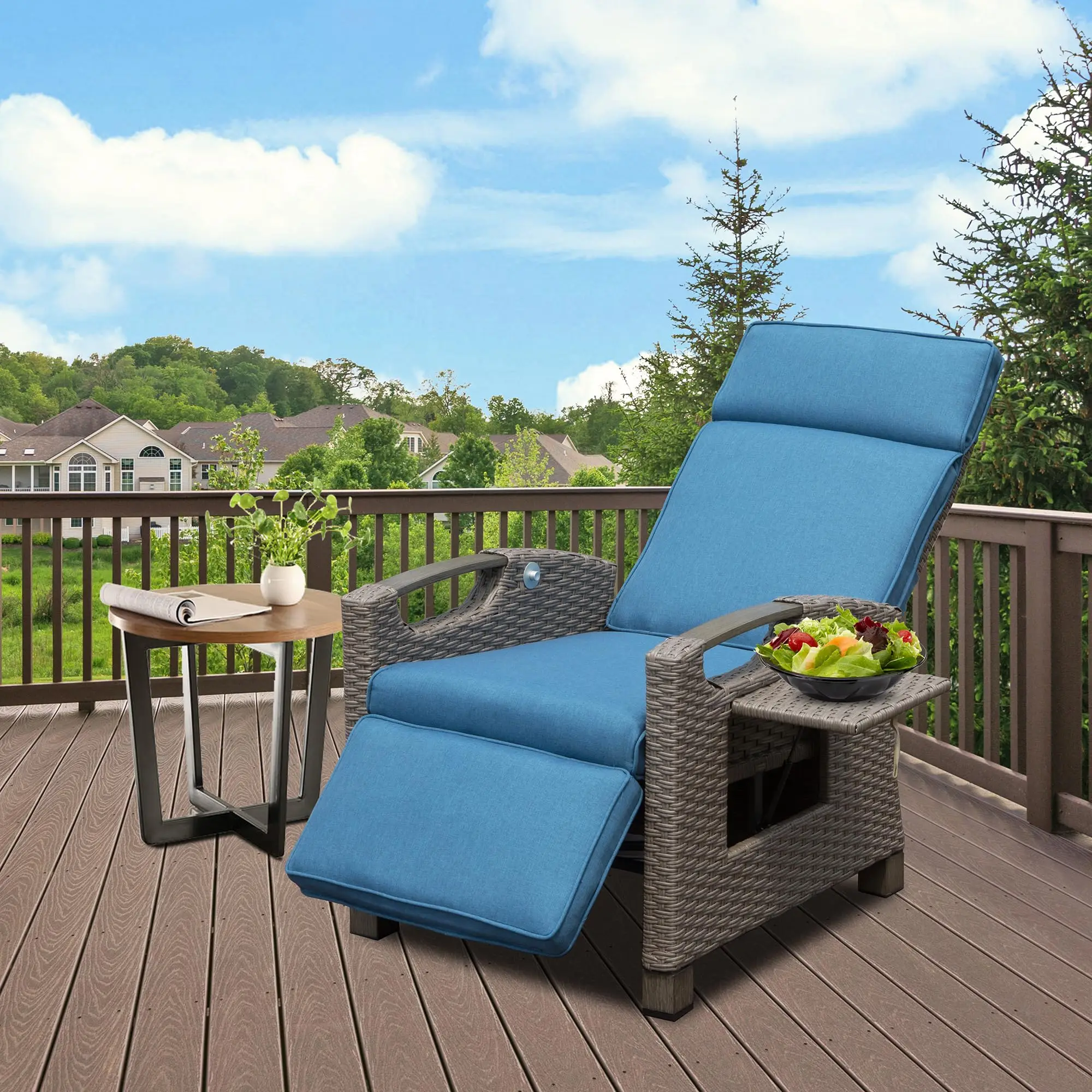 

Adjustable Angle Thickness Cushions Reclining Lounge Chair Outdoor Hand-Woven Wicker Flip Table Easy Push Back Garden Sets