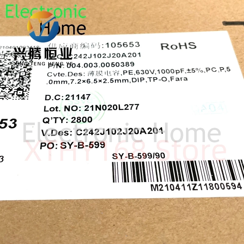 50PCS/LOT Xiamen Farah MKP C242J 102 1000pf 1nf 630v 400v copper pin thin film capacitor 7x5.5x2.5mm pin spacing 5mm