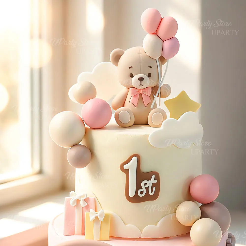 Luftballons Bär Kuchen Topper Erröten Rosa Kugeln Weiße Wolke Bär Halten Luftballons Kuchen Dekoration für Geburtstag Baby Dusche Dekor – Detail 8