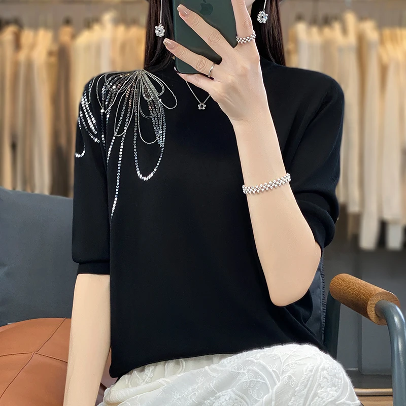 23 Summer New Tencel Knitted Short Sleeve Women\'s Round Neck Solid Color One Shoulder Sequin Sewn Loose Fashion Style Knit Shirt