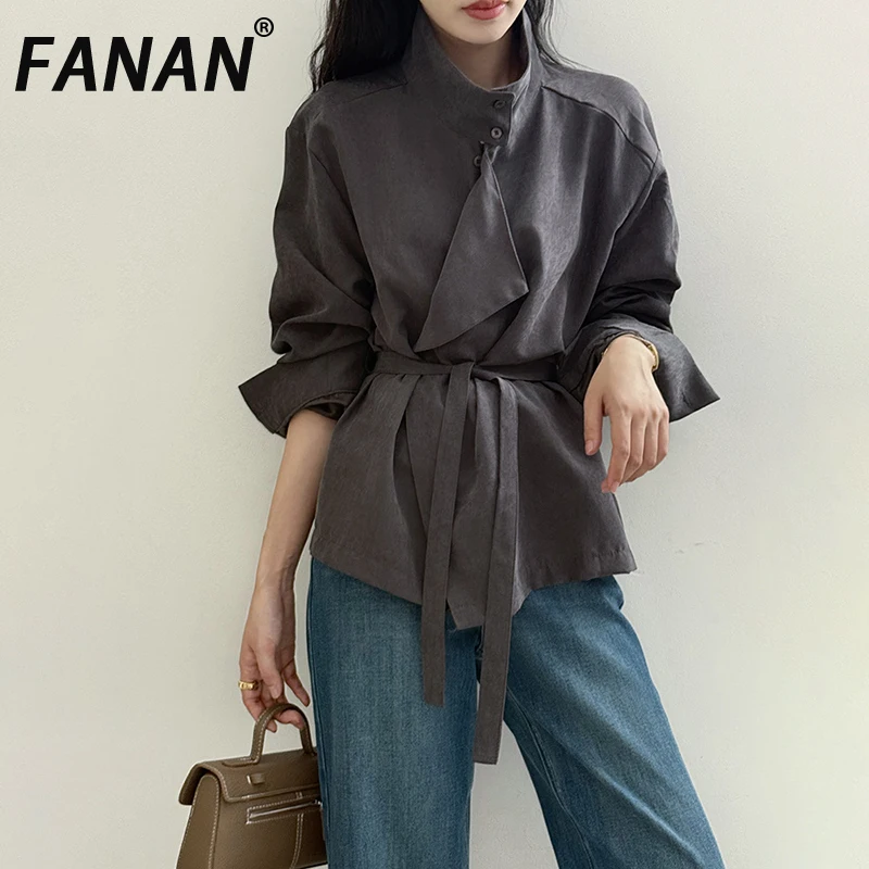 

FANAN Office Lady Stand Neck Shirts For Women Belt Gathered Waist Fit Blouses Temperament Tops Fashion Clothing 2025 Autumn New