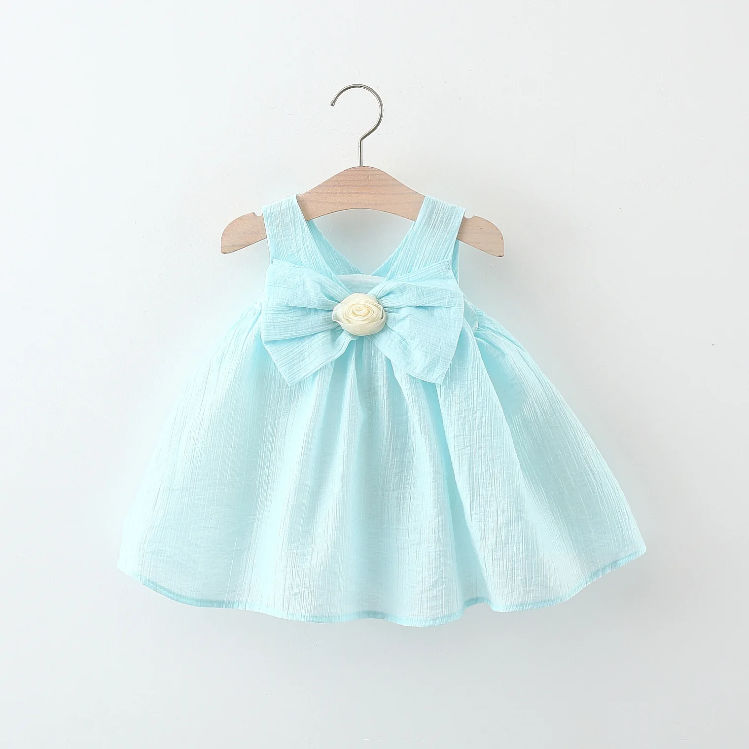 Girl Dress Summer Baby Girl Solid Color Three Dimensional Bow Color Flower Belt Beach Princess Dress