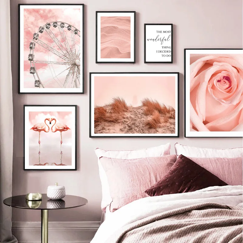 Stylish pink flowers flamingo beach hay dunes wall art canvas living room home decor frameless painting