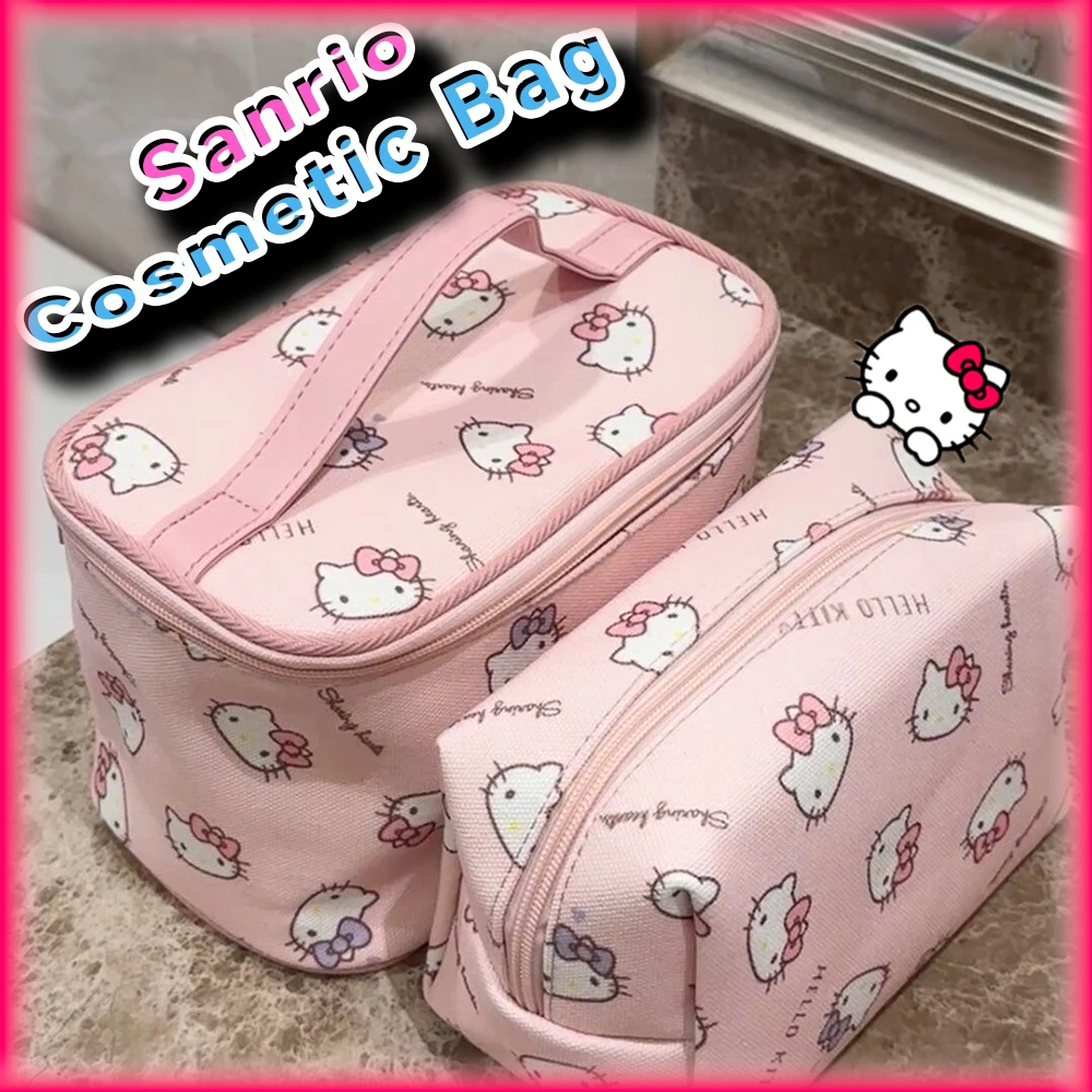 Kawaii Hello Kitty Portable Cosmetic Bag Sanrio Anime Fashion Handbag Portability Travel Large Capacity Bathing Makeup Bag