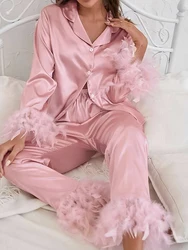 Casual Ice Silk Pajamas Suits Fashion Feathers Lapel Shirts With High Waist Pants Sets Simple Home Service Women Two Piece Sets