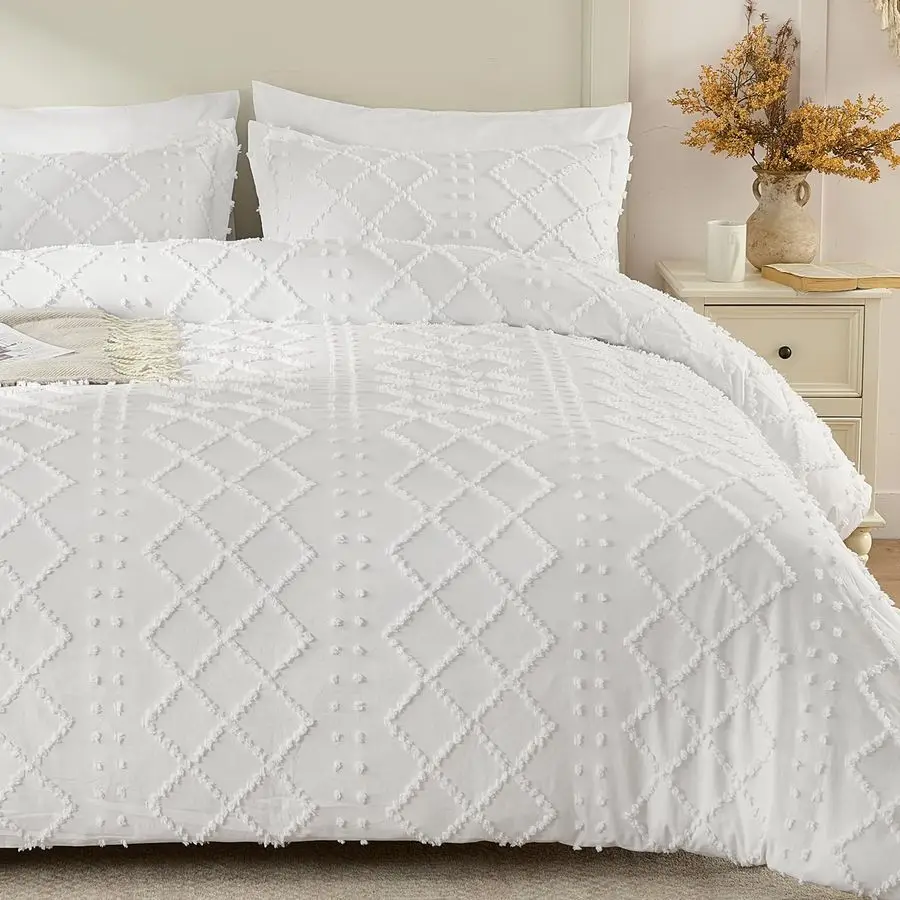 

Комплект из 5 предметов: пододеяльник в стиле бохо размера Queen, белый, с декоративной строчкой, на молнии и завязках, без наполнителя, текстурированное постельное белье в стиле шебби-шик