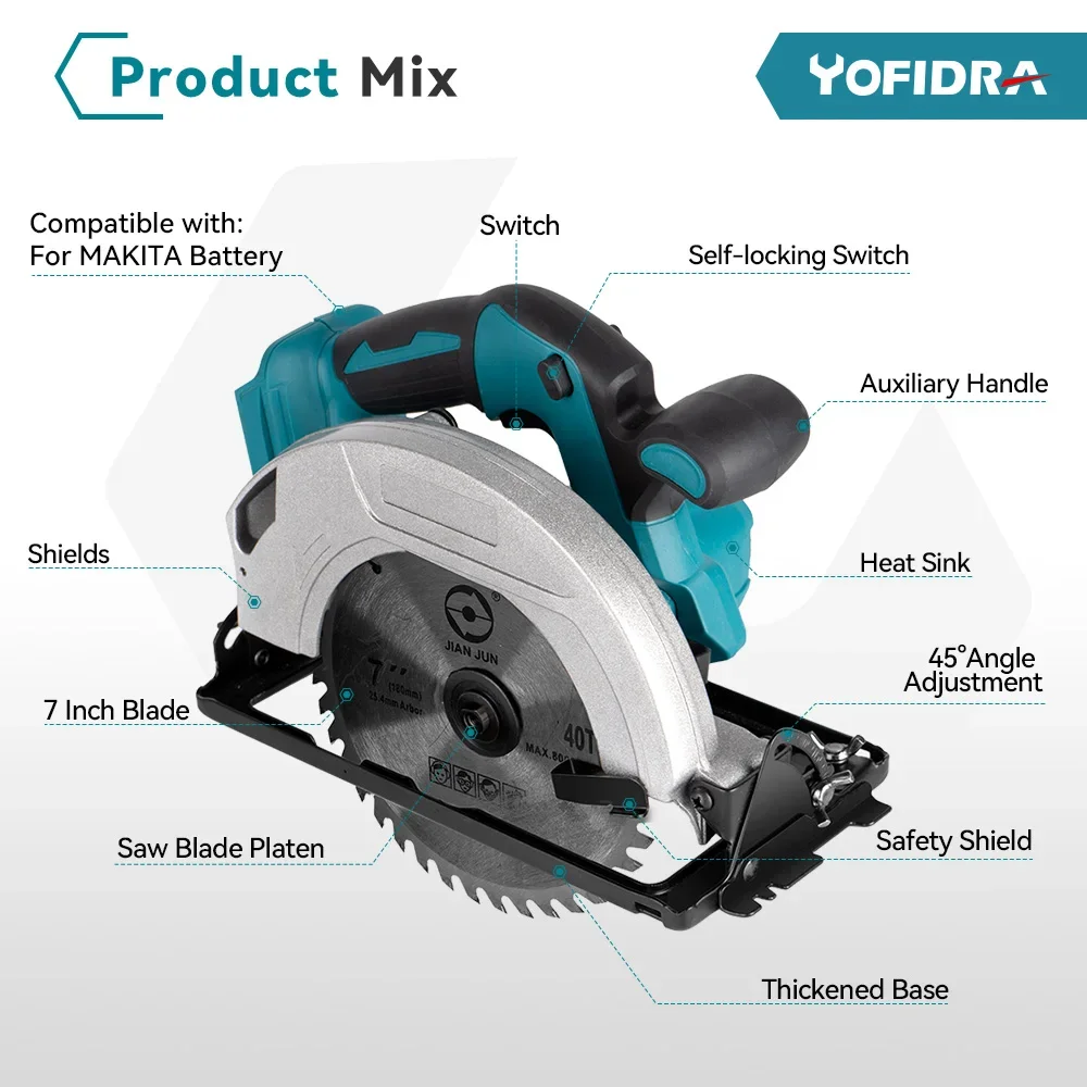 Yofidra 7 Inch Brushless Circular Saw 180mm 0-45° Multi-Angle Cutting for Makita 18V Battery Electric Saw Woodworking Power Tool