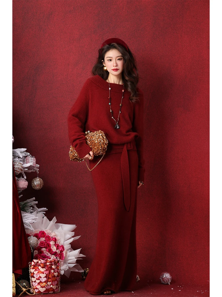 

Dangdang Iceland Memory Women's Faion Set Long Sve One-oulder Yarn Goat Fur Bear Hair Straight-Cut Skirt Fake Waist Belt