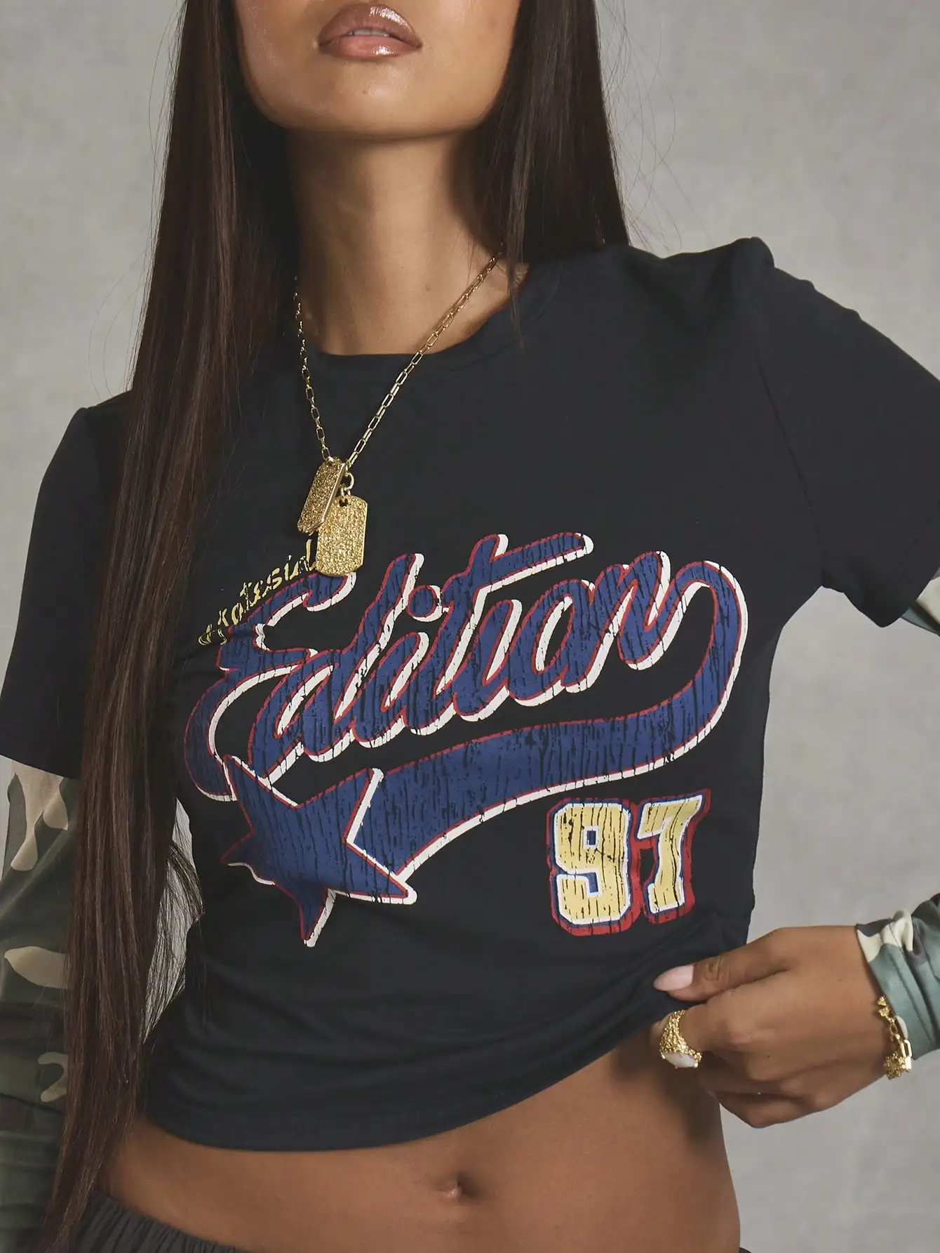 Camo Graphic Slogan Tee, Double Layer Varsity 1997, Streetstyle Cool Girl Summer Holiday Casual Top for Women