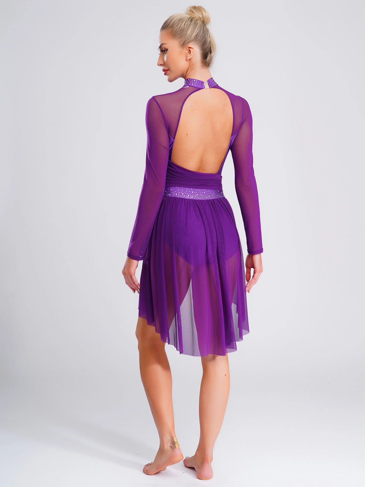 Vestido de patinação artística para mulheres, fantasia de performance, vestido de dança contemporânea lírica, malha transparente, manga comprida, vestido collant franzido