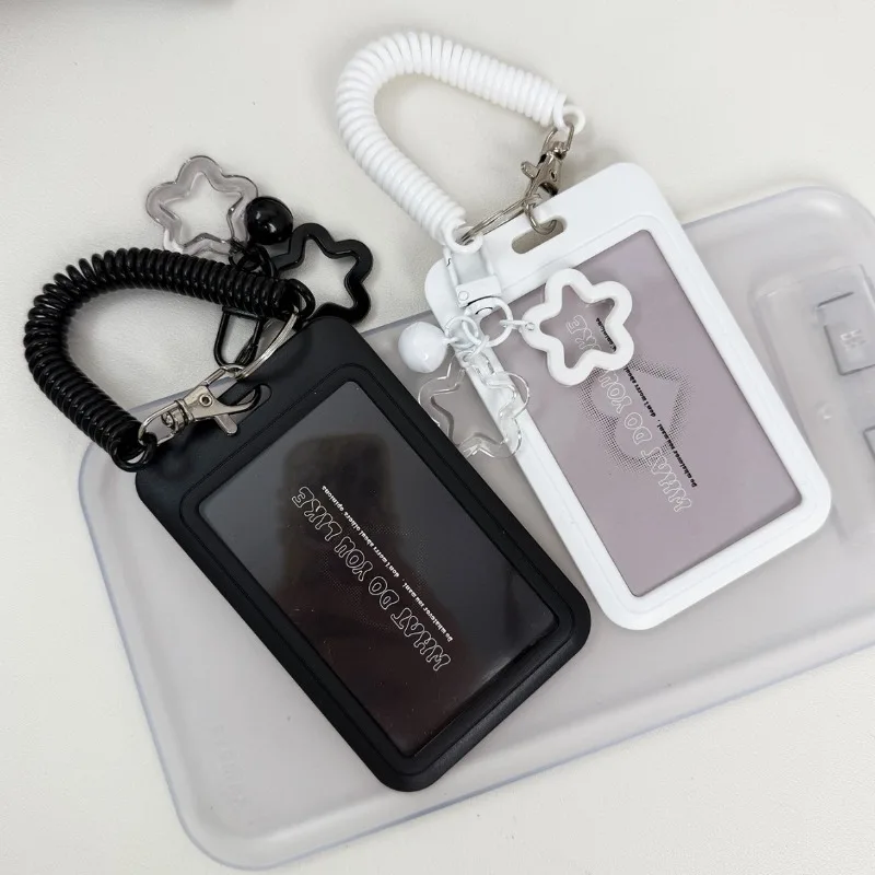 Cute Simple Protective Card Holder with Keychain Colorful Star Retractable Spring Lanyard ID Card Photo Postcard Holder Charms