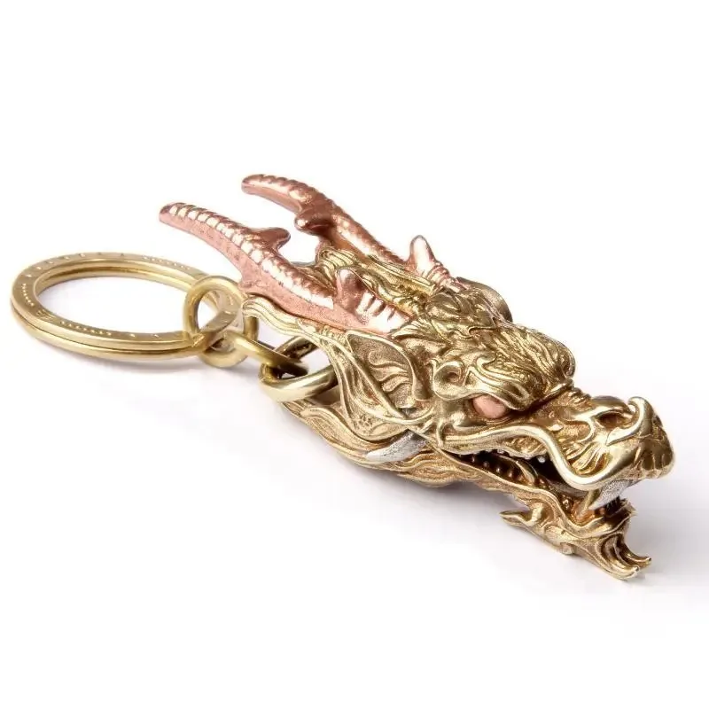 Gold Brass Dragon Head Keychain with Key Ring Fine Carved Domineering Car Keychain Multifunctional Metal Ornaments Luxury Gift