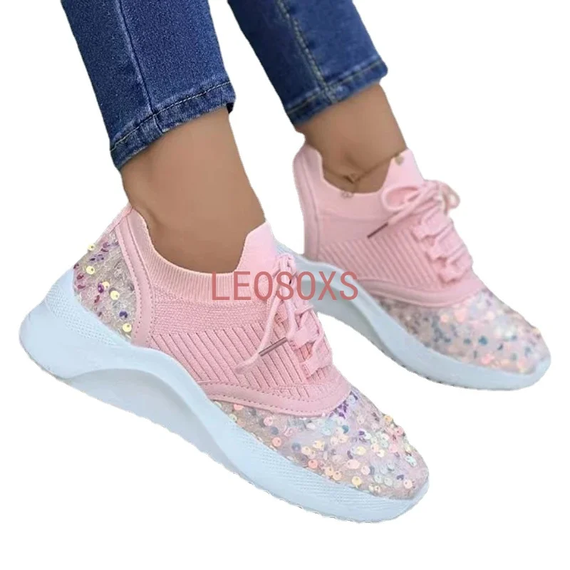 Fashion Sequins Platform Sneakers for Women 2023 Autumn Non Slip Knitting Flats Woman Breathable Mesh Walking Shoes Plus Size 43