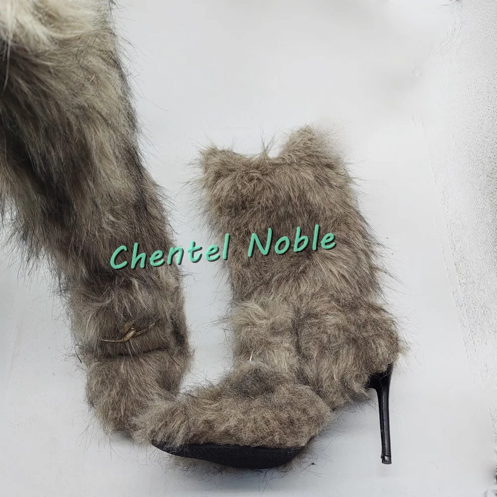 Fur Buckle Details Knee-high Boots Women Sandals Thin High Boots Women Stilettos Pull-on Pointed Toe New Arrivals 2025 Winter