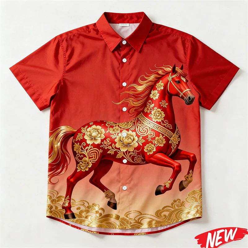 

New Design 2026 Horse Year Hawaiian Shirt For Men Women Chinese New Year Party Short Sleeve Shirts Festive Loose Lapel Shirt