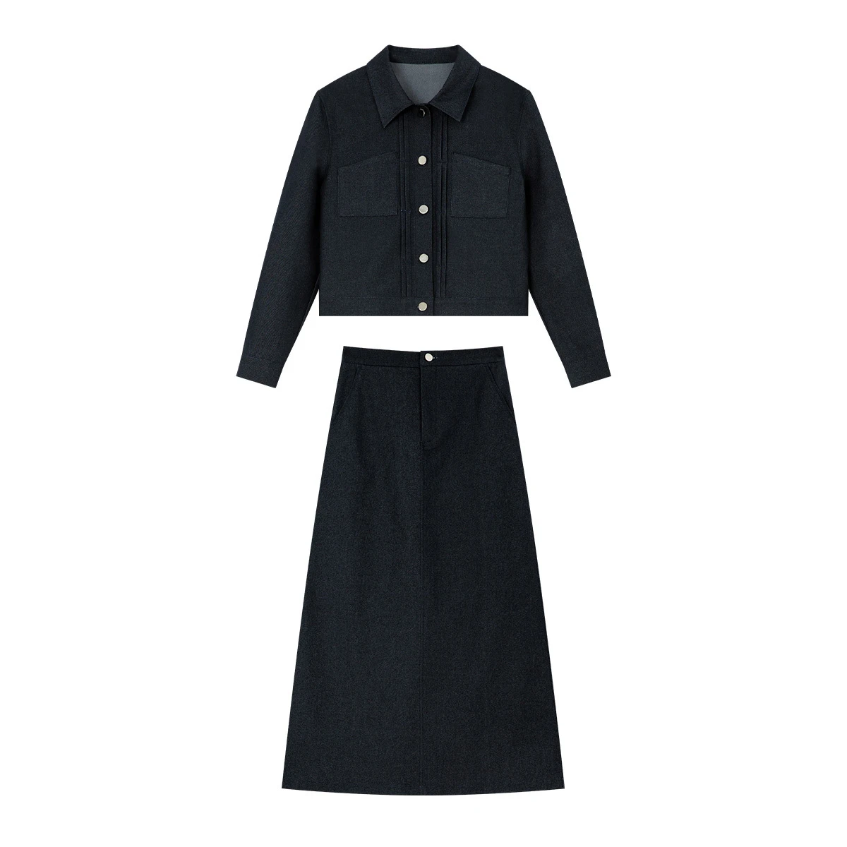 VIMLY Women\'s Vintage Elegant Denim Skirt Set Autumn Long Sleeve Lapel Denim Coat+Split A-line Skirt Office Lady Denim Suits