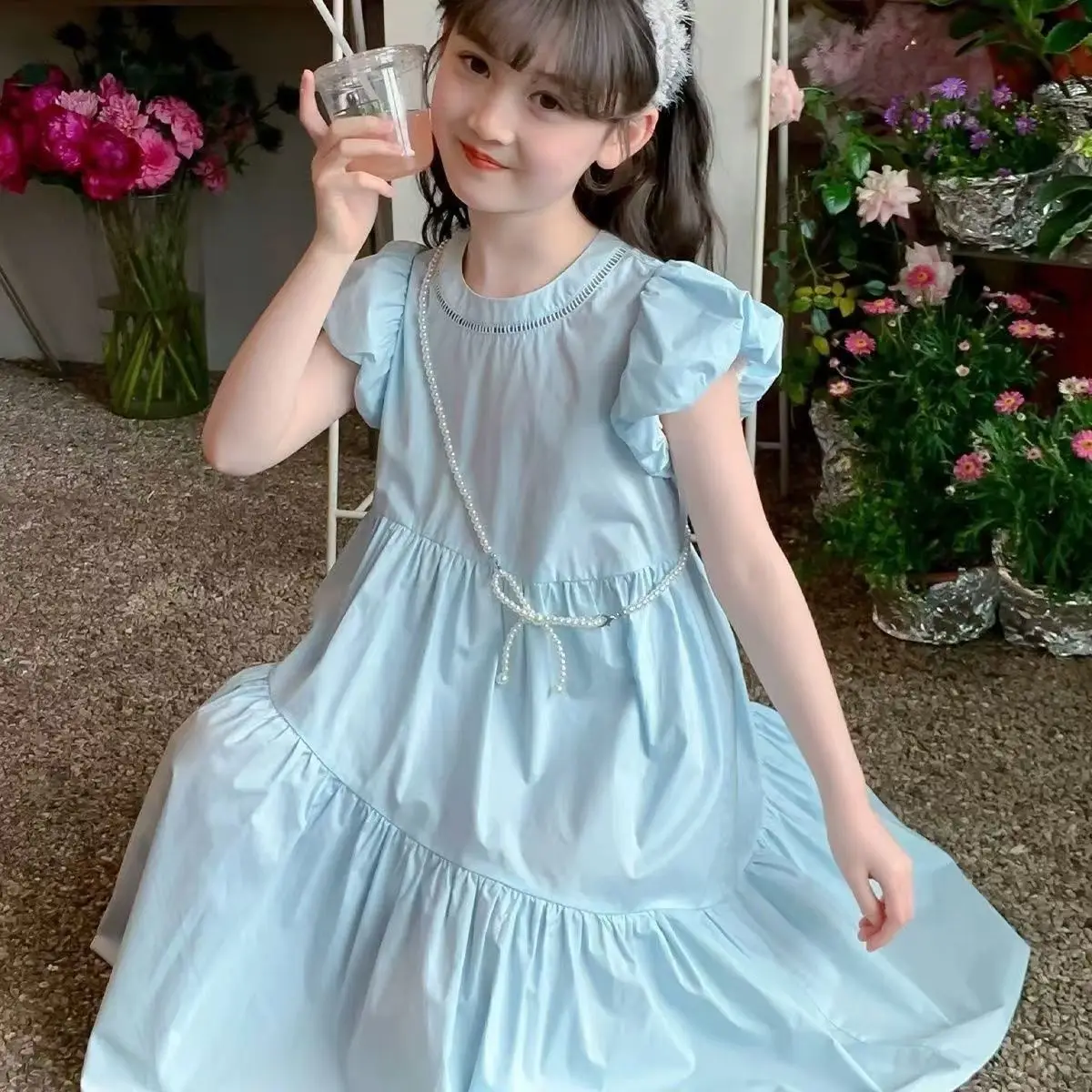 

Летнее платье для девочек, новинка 2024, детская одежда, летнее детское платье с объемными рукавами для отдыха для девочек, детское летнее платье