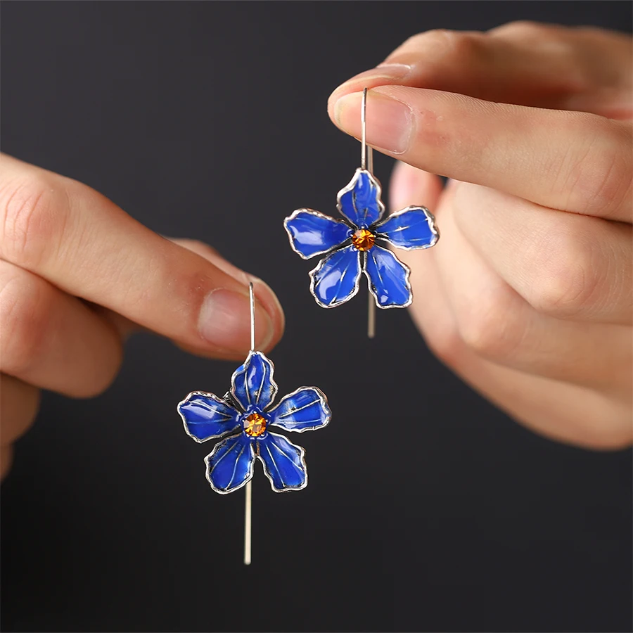 Exquisite Blooming Blue Flower Long Hook Earrings for Women, Fine Jewelry, Orange Crystal, Wedding, Engagement, Gift