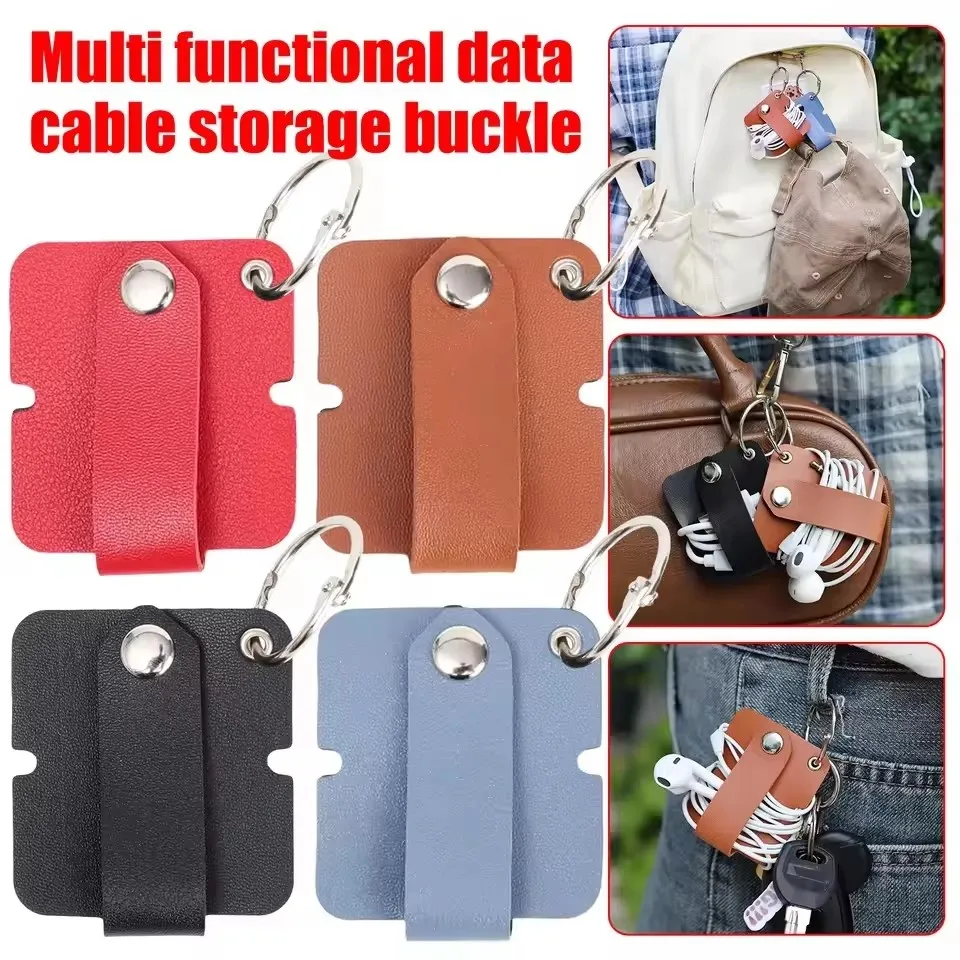 Leather Cable Clip with Key Ring Earphone Cord Holder Buckle Cable Winder Cable Wire Organizer for Phone USB Charger Data Lines