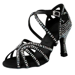 Latin Dance Shoes 2024 New Adult Women's Mid High Heel Diamond Dance Shoes Summer Soft Sole Chacha Square Women's Shoes