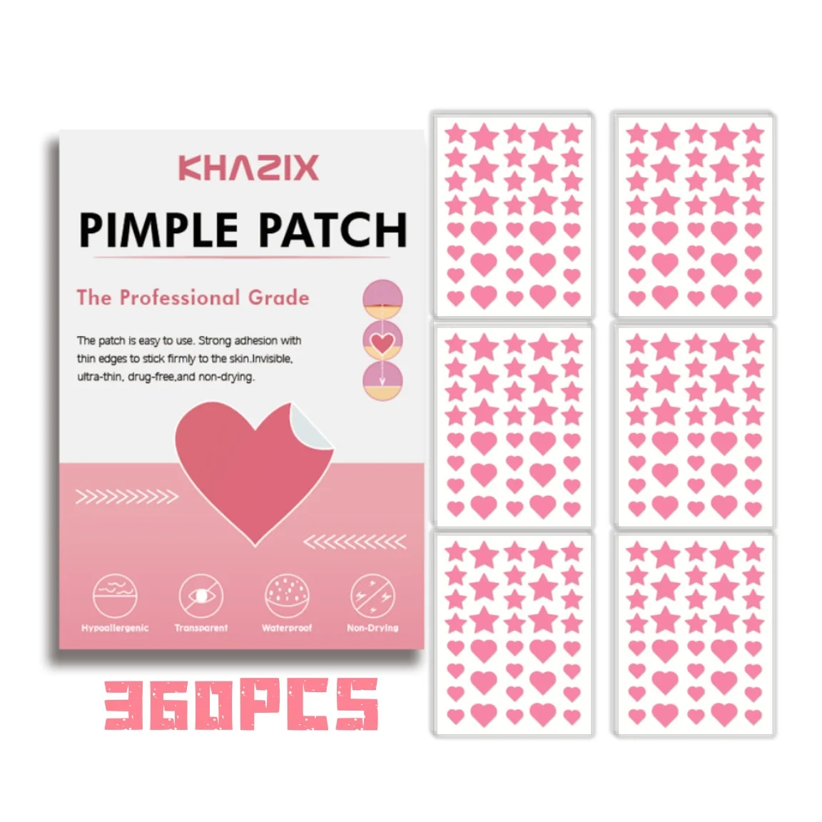 360pcsPink love transparent acne sticker, waterproof and breathable, daily facial use, facial skin