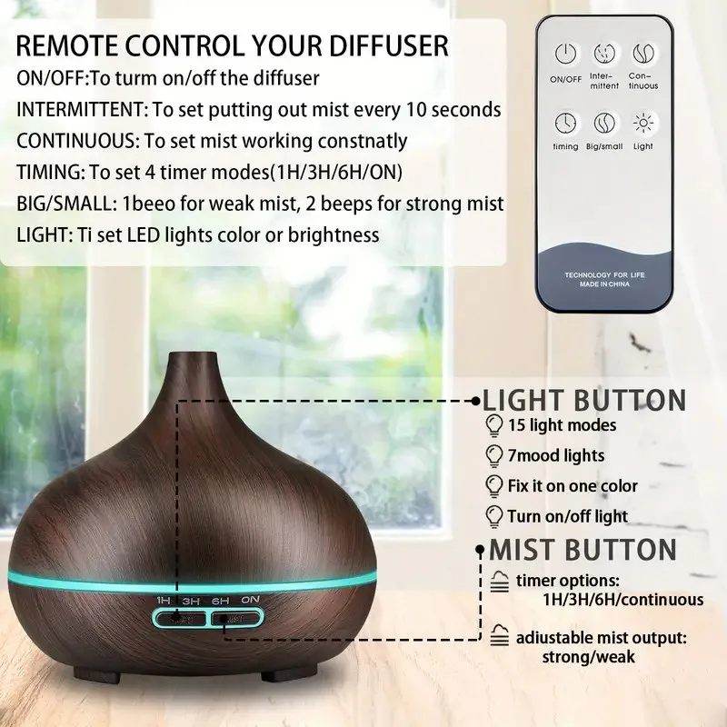 Wood Grain Aroma Diffuser with Remote Control, Timer & 6 Oil Set - 550ml Cool Mist Humidifier for Large Room