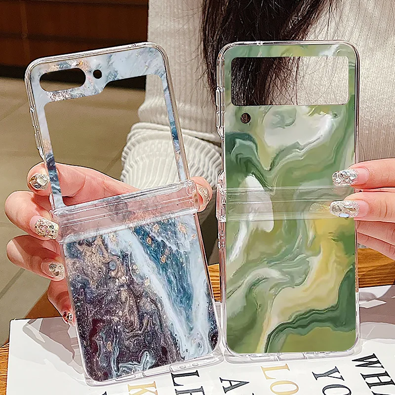 Marine Marble Pattern Clear Folding Phone Case For Samsung Galaxy Z Flip5 Flip4 Flip3 Hard PC Cover For Samsung Z Flip 5 4 3 5G